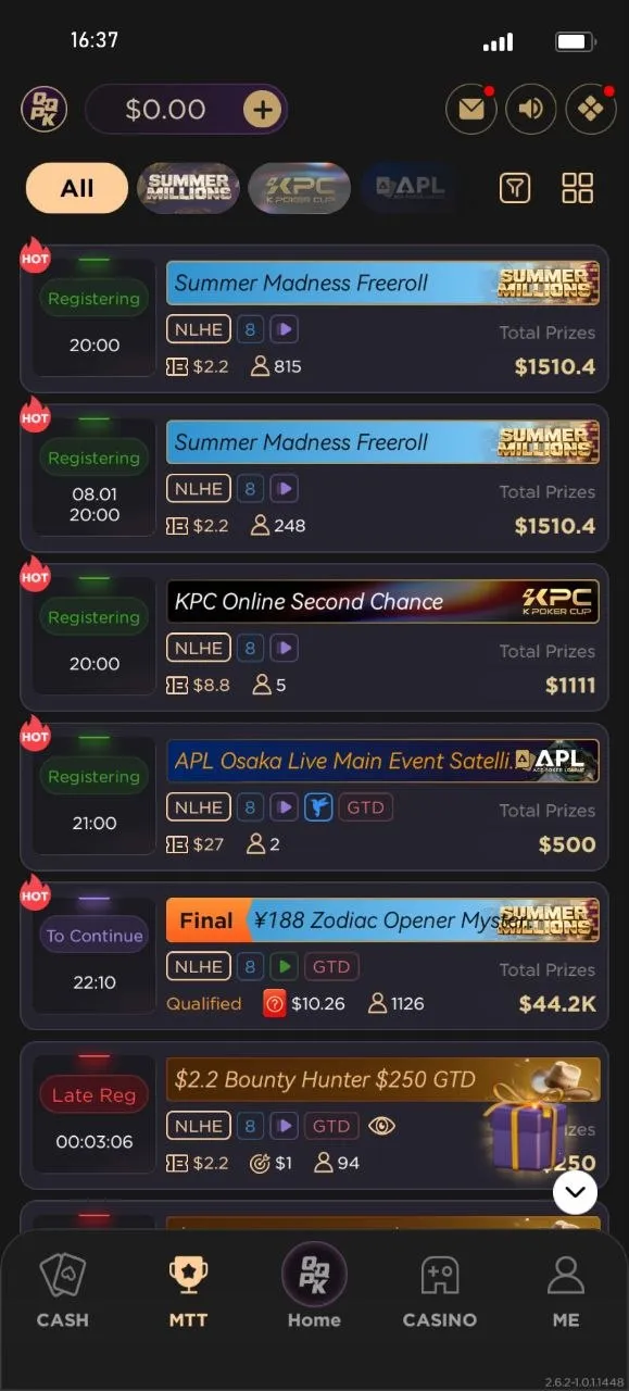 QQPK client tournament lobby: live entry counts per event